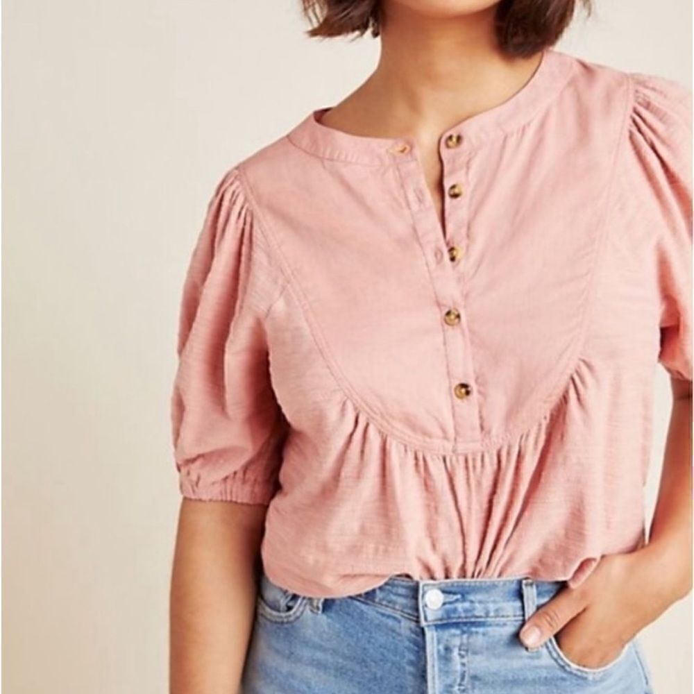 Anthropologie Elinor Puff Sleeve Textured Peasant Top Pale Rose Pink Blouse Sz S